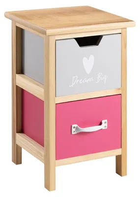 Produktbild von Kommode ESTA mit 2 farbigen Schubladen, kleines Standregal aus Massivholz für Kinderzimmer, Nachttisch in natur lackiert
