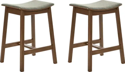 Produktbild von BELIANI Barhocker 2er Set Dunkelbraun u. Grün Gummibaumholz Gepolstert mit Lehne Fußstützen ohne Armlehnen Wohnzimmer Küche Bar Wohnküche