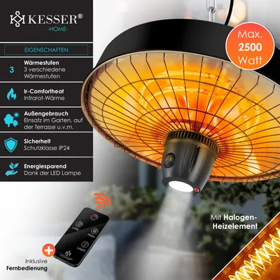 Image de Chauffage de plafond KESSER® | Chauffage parasol infrarouge 2500 W | Chauffage de terrasse avec télécommande | Chauffage à quartz | Éclairage LED | Plafond | Chauffage infrarouge | Avec chaîne + mousqueton | Élément chauffant en carbone