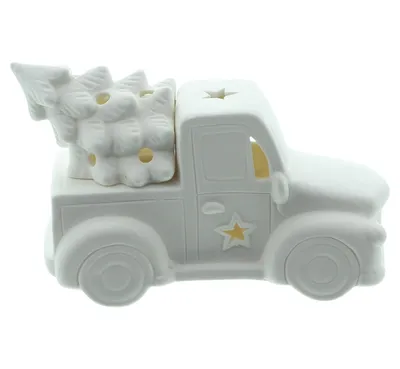Produktbild von Mattweißes Porzellan Weihnachtsauto Tannenbaum LED warmweiß batteriebetrieben 19x9x11 cm
