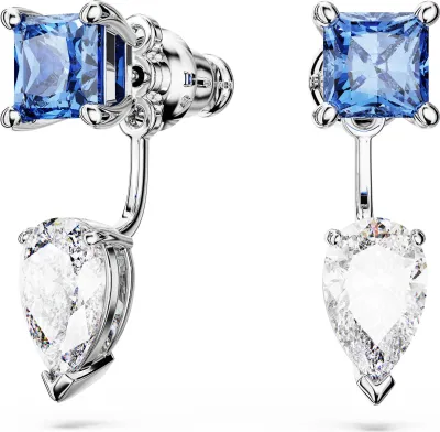 A pair of Swarovski earrings with blue square-cut crystals and clear pear-cut crystals.