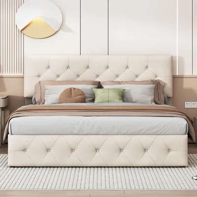 Produktbild von Stauraumbett 140x200 cm, Bettgestell mit Kopfteil und Lattenrost, Samt, Beige
