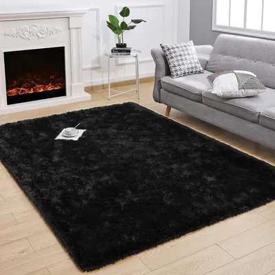 Productafbeelding van Hoogpolig tapijt, superzacht, shaggy, pluizig, geschikt als vloerkleed, voor de slaapkamer of kinderkamer, zwart, 160 x 230 cm