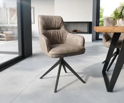 Produktbild von DELIFE Esszimmerstuhl Zelia-Flex mit Armlehnen Mikrofaser Taupe Vintage Kreuzgestell breit Schwarz Taschenfederkern