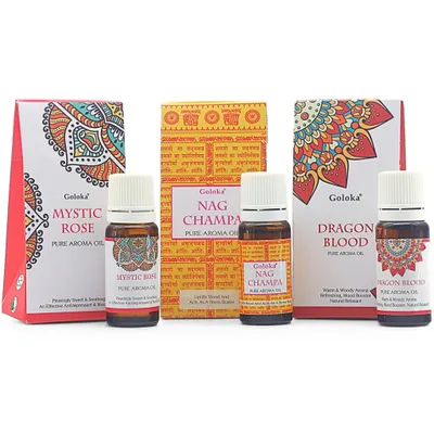 Produktbild von Goloka Duftöl - Indische Naturdüfte für Aromatherapie, Raumduft, Diffusor, Duftlampe (10ml), 3er Set Nag Champa, Dragon, Rose
