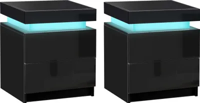 Produktbild von CLIPOP Nachttisch 2er set, mit RGB LED, 2 Schubladen, Holz Beistelltisch für Schlafzimmer, Schwarz