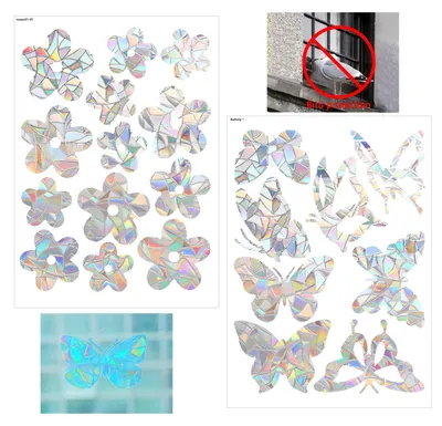 Vogelschutz-Fensteraufkleber, 21 Stück, Prisma, Schmetterling & Blumen