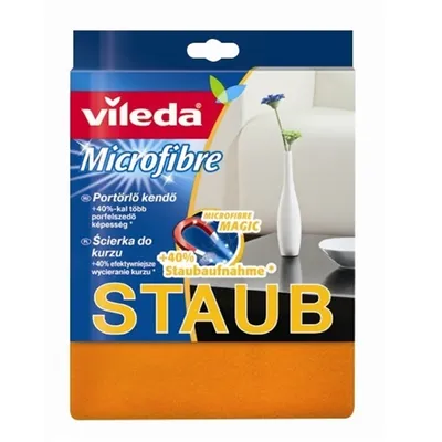 The image shows the packaging of a Vileda Microfibre cleaning cloth, with the product name and features highlighted.