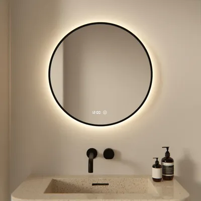 Produktbild von Mirlux LED Badspiegel rund 60 cm mit schwarzem Rahmen dimmbar Antibeschlag