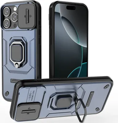 Obrázek produktu pro Pouzdro pro iPhone 16 Pro dvouvrstvé pouzdro s posuvnou ochranou kamery a držákem prstenu, stojánek modré