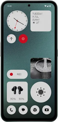 A smartphone home screen with various widgets and app icons.
