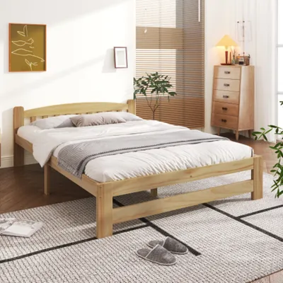 Produktbild von Holzbett, Massivholzbett Futonbett, Doppelbett, Massivholz Natur Bett mit Kopfteil und Lattenroste, Jugendbett, Erwachsenenbett,140x200 cm