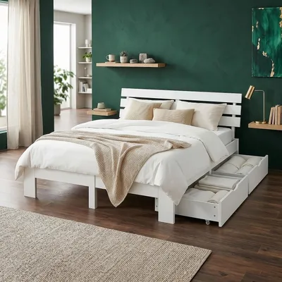 Produktbild von Homestyle4u Holzbett 140x200 mit Matratze mit ® Standard 100 2 Schubladen Weiß Doppelbett mit Lattenrost