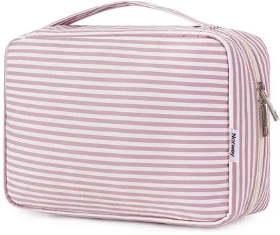 Image de Trousse de maquillage pour femme, à suspendre, rayures roses, en tissu