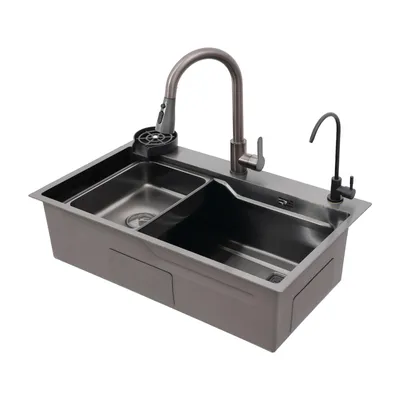 A stainless steel kitchen sink with a faucet and a separate water dispenser faucet, shown against a white background.