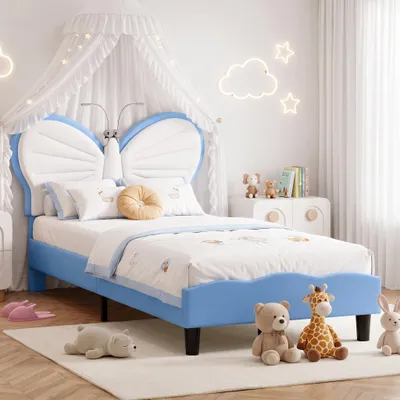 Imagen del producto de Cama infantil INONEFT, modelo acolchado, de 90x190 cm, con lámpara de lectura, cama individual con cabecero ajustable y somier, cama juvenil para niños y niñas, tapizada en terciopelo, color azul