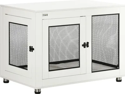 Produktbild von Hundekäfigmit Tischplatte, Hundehaus, Hundehütte Mit Kissen, Hundebox Indoor Mit 2 Türen, Beistelltisch, Weiß+Schwarz, 94 X 60 X 71,5 Cm