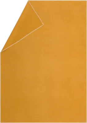 A plain gold blanket folded in half, showing a corner.