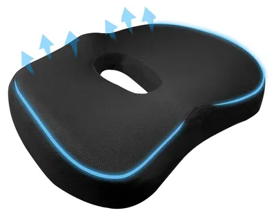 Produktbild von Sitzkissen aus Memory-Schaum, schwarz, orthopädisch, ergonomisch, rutschfest, mit Steißbeinentlastung für Bürostühle und Autositze.