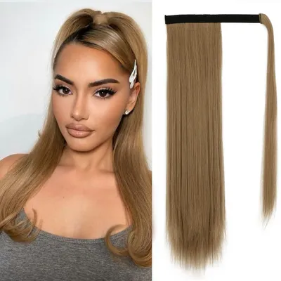 Productafbeelding van Paardenstaart haarstuk, glad, omwikkelbaar, 66 cm, licht goudbruin, synthetisch, met clip