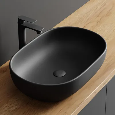 Produktbild von Planetmöbel Aquil Deluxe Waschbecken Oval 60 cm - Matt Schwarz | Aufsatzwaschbecken für Badezimmer und Gäste-WC