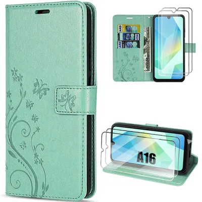 Image de Coque + 2 Verres Trempés pour Samsung Galaxy A16 4G/5G, Protection Rabat Antichoc Synthécuir Vert Motif Papillon Fleur