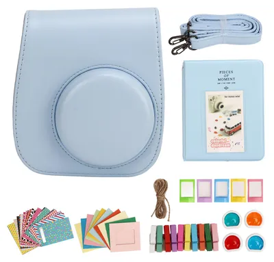 Obrázek produktu pro PU kožené ochranné pouzdro pro instantní fotoaparáty Fujifilm Instax Mini 12 s albem, filtry, barevnými závěsnými rámečky a samolepkami (modré)