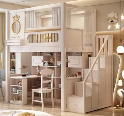 Produktbild von Kinderbett Jugendbett Etagenbett Holz weiß Hochbett mit Schreibtisch