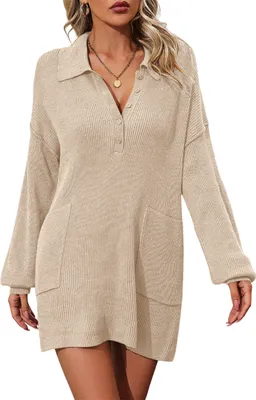 Produktbild von ASKSA Damen Strickkleid Revers Knoepfen Einfarbig Geripptes Langarm Minikleid Winter Sweater Kleid, Aprikose, M