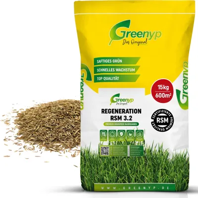 Produktbild von Greenyp Turbo Nachsaat RSM 3.2 I Rasensamen schnellkeimend Frühjahr I 15kg für 600m² I Ideal gegen Lücken als Neu- & Nachsaat I 100% RSM Rasensamen I Grassamen Rasensaat Gras Reparaturrasen