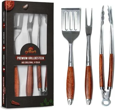 Immagine prodotto di Set di accessori per barbecue in acciaio inossidabile, 3 pezzi, con manici in legno
