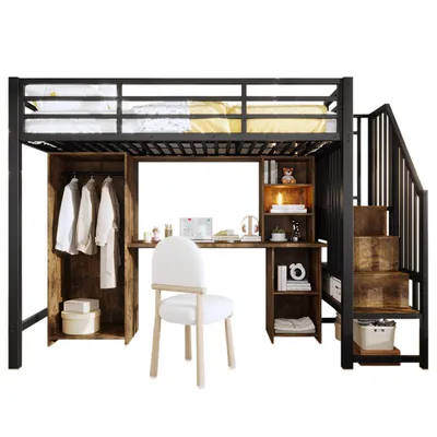 Produktbild von Hochbett mit Schreibtisch, Bücherregal, Kleiderschrank und Rausfallschutz, 90x200cm, Treppe mit Regal, Kinderbett, Metallbett