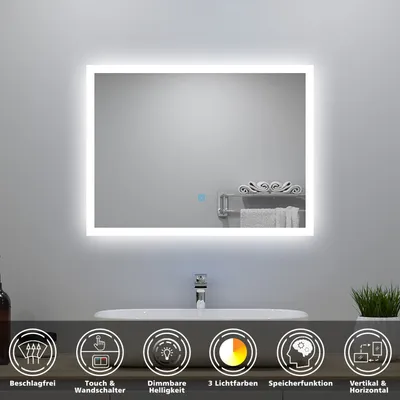 Produktbild von Badspiegel mit Beleuchtung 80x60cm Touch/Wandschalter Beschlagfrei 3 Lichtfarbe 3000K-6000K Dimmbar IP44 Belair-Serie