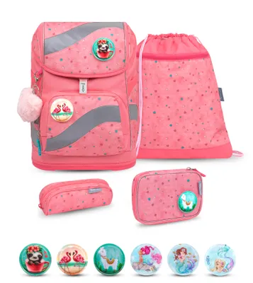 Produktbild von Belmil Smarty ergonomisches Schulranzen Set 5-teilig "Blue Bird" mit Brustgurt, Hüftgurt, Magnetverschluss, Patch Set 6 Stück
