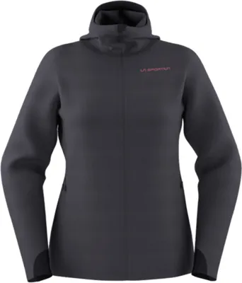 Dunkelgraue Midlayer-Jacke für Damen; Modell "Descender Storm Jkt W" von La Sportiva; mit hohem Kragen.