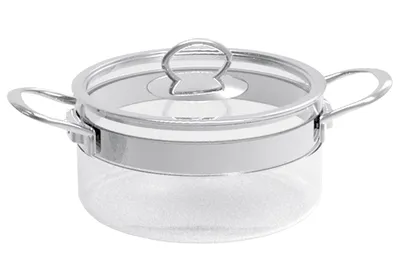 A clear, professional studio shot of a glass cooking pot with a lid and handles, set against a plain white background.