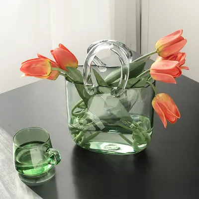 Immagine prodotto di Vaso in vetro a forma di borsetta, vaso decorativo trasparente per fiori, adatto per composizioni floreali, vaso trasparente verde