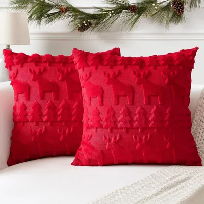 Produktbild von 2er Set Kissenbezüge Wolle Plüsch Rot Weihnachtsbaum Elch 70x70cm