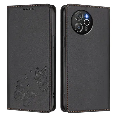 Immagine prodotto di Custodia in pelle per Blackview Shark 8 / Oscal Tiger 12, con motivo a farfalla, custodia a portafoglio con supporto, nera
