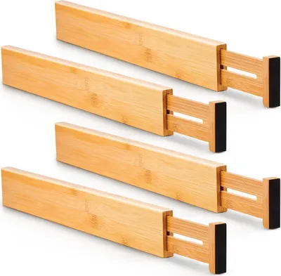 Produktbild von 4tlg Schubladentrenner Verstellbar, Schubladenteiler aus Holz, Schubladen Organizer für Küchen, Schlafzimmer, Schubladen Ordnungssystem