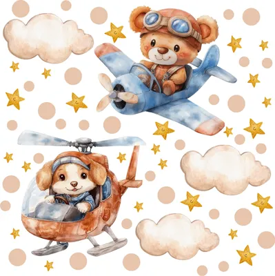 Produktbild von Beige Wandaufkleber für das Kinderzimmer – Flugzeuge & Sterne für Jungen