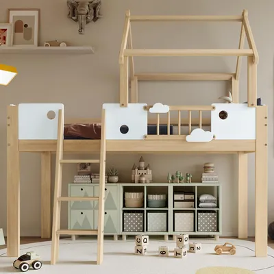 A child's bedroom with a loft bed, storage units, and toys.