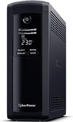 Produktbild von CyberPower VP1200ELCD Line-Interactive USV 1200VA/720W USB (HID), AVR, LCD, RJ45 Lan Protection, Ausgang (5) Schuko, Line-Interaktiv, 1,2 kVA, 720 W, Sine, 167 V, 295 V