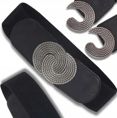 A black elastic belt with a decorative silver buckle is shown against a white background. Another section of the belt is visible in the lower left corner.