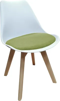 A single white chair with a green cushion and wooden legs, isolated on a white background.