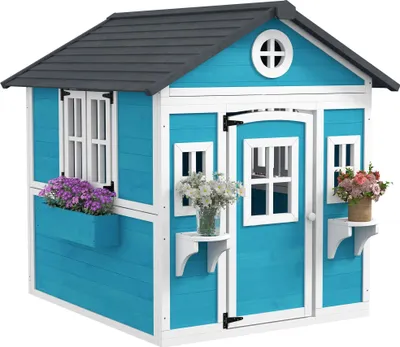 Produktbild von Holz Spielhaus für Kinder - Garten Spielhaus - Mit Fenster und Tür - Blumenregal und Pflanzkasten - Outdoor Spielen - Blau