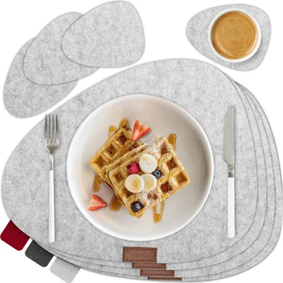 Produktbild von smøla Premium Platzsets aus Filz inklusive Untersetzer I Oval 4er Set I Abwaschbar Tischset Grau I Platzset Abwischbar, Filzuntersetzer Platzdeckchen Holz-Tisch geeignet, Edelgrau
