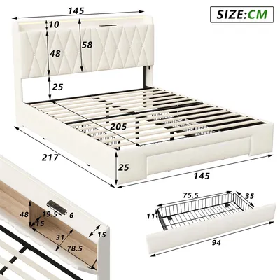Image de Lit rembourré - Lit double 140 x 200 cm - 3 tiroirs - Éclairage LED - Tête de lit avec espace de rangement - Ports USB - Sommier à lattes - Beige