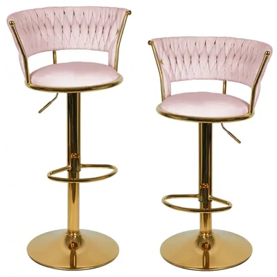 Immagine prodotto di Set di 2 sgabelli da bar - Sgabelli moderni - Rivestimento in velluto - Schienale intrecciato con poggiapiedi - Regolabili in altezza - Struttura in metallo - Rosa