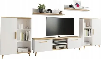 Produktbild von MATKAM Wohnzimmermöbel-Set Oslo 2, 4-teilig, 1 x TV-Kommode, 2 x Wohnzimmerkommode, 2 x Hängeregale (Weiß-Artisan Eiche)